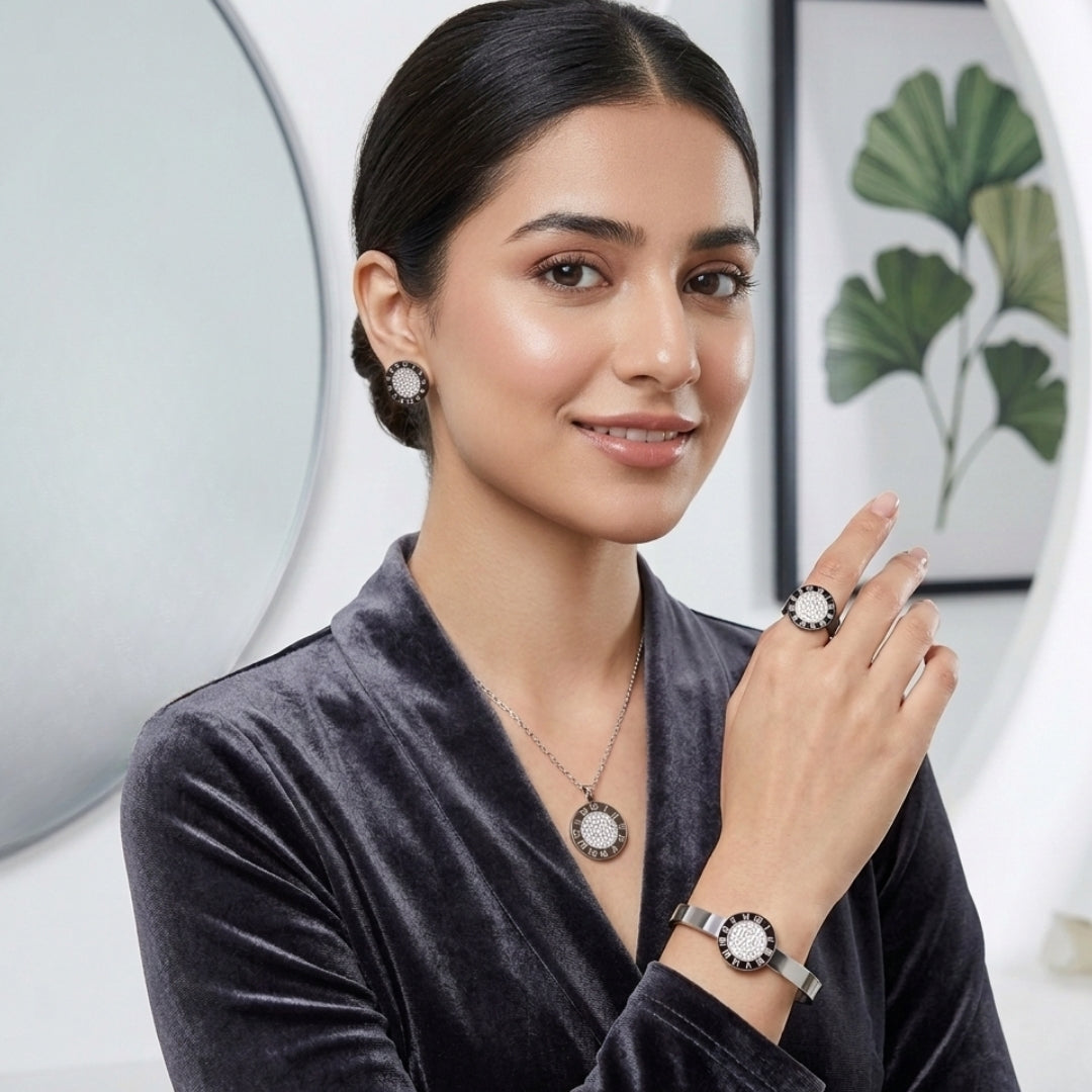 Luxury Black & Silver Roman Numeral Jewelry Set