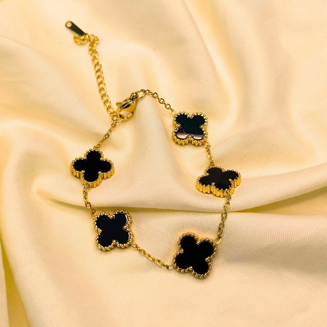 Gold-Plated Black & White Clover Charm Bracelet | Pyaari Jewellery