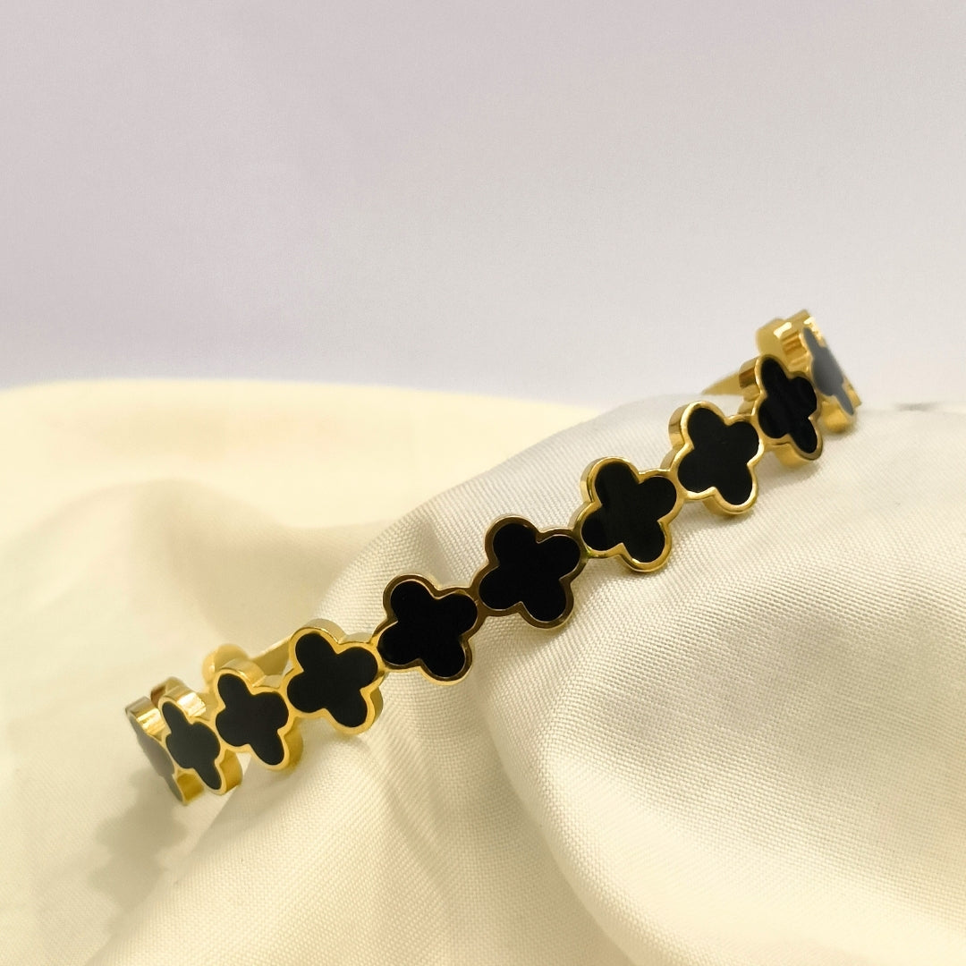 Pyari Jewellery Gold Cuff Bracelet with Black Floral Design