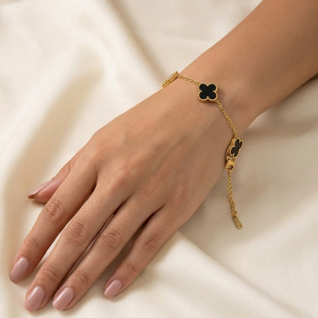 Gold-Plated Black & White Clover Charm Bracelet | Pyaari Jewellery