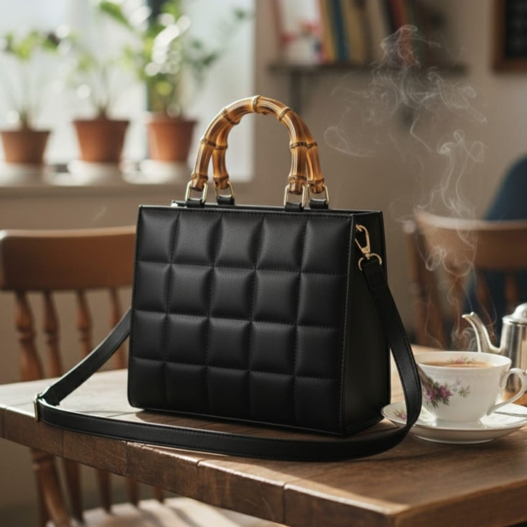 Luxury Chocolate Brown Quilted Handbag for Women | Bamboo Handle Tote