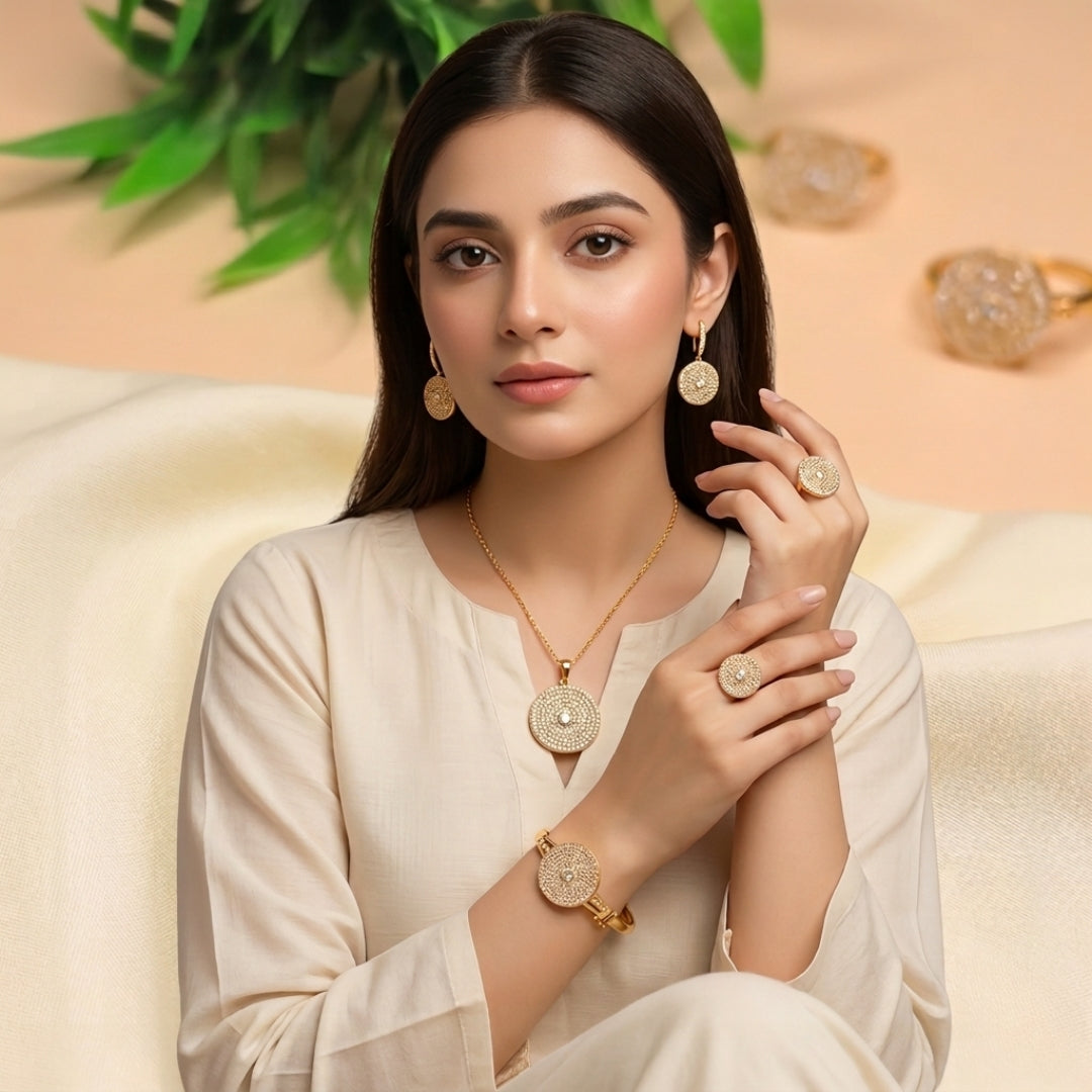 Crystal Round Disc Gold-Plated Jewelry Set | Artificial Jewelry for Women