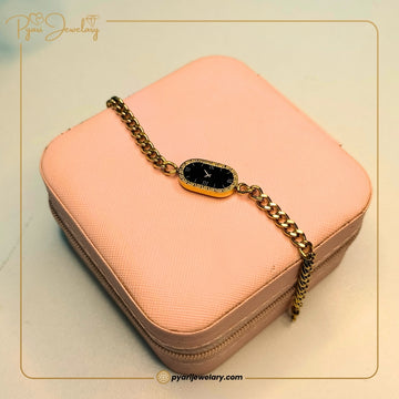 Pyari Jewellery Gold Chain Bracelet with Black Oval Dial