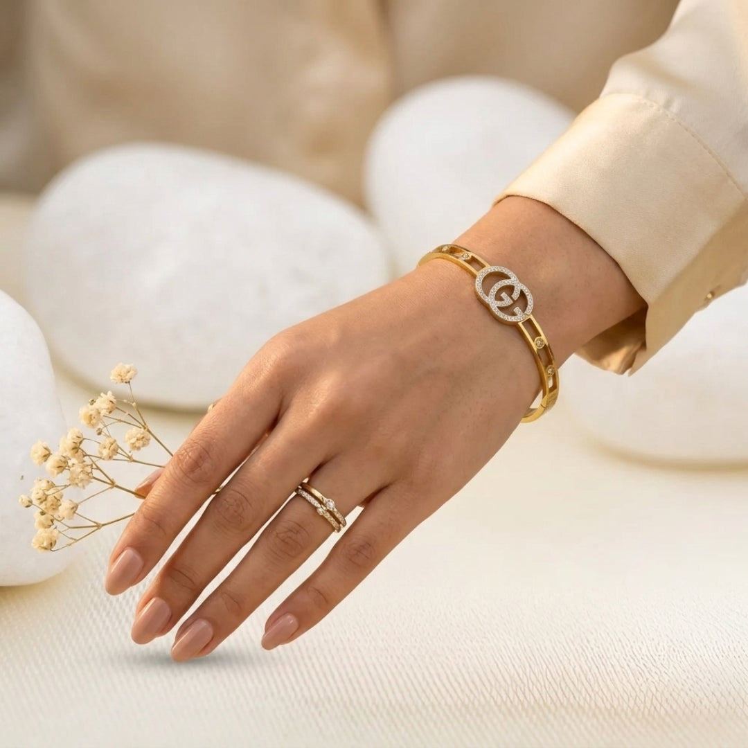 Pyari Jewellery Premium Gold-Finish Double-G Designer Bangle Bracelet