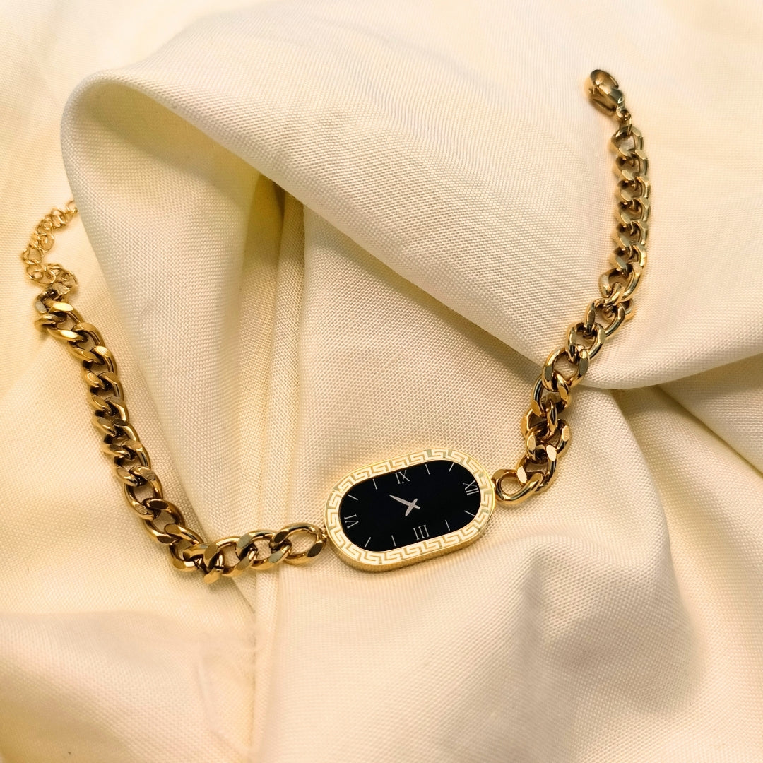 Pyari Jewellery Gold Chain Bracelet with Black Oval Dial
