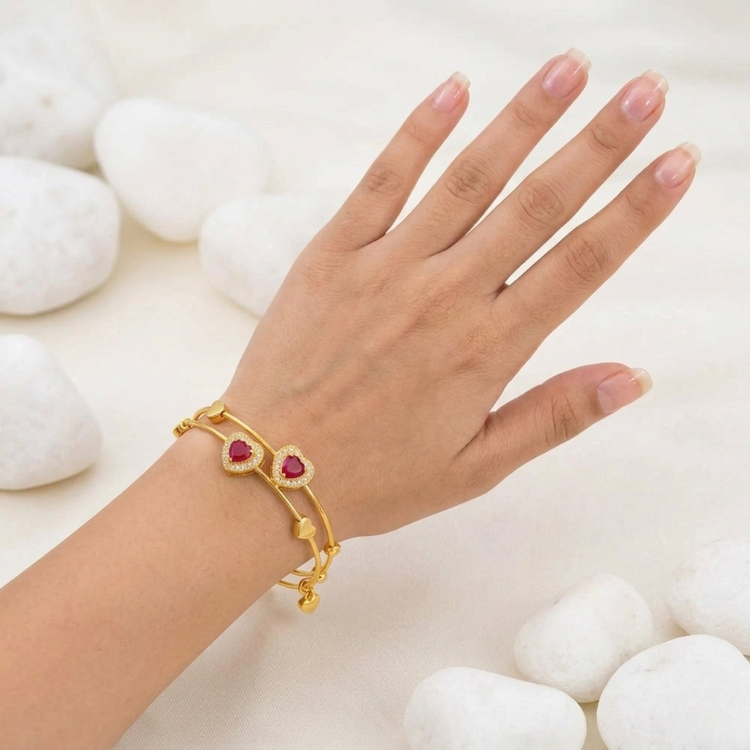 Pyari Jewellery Red Heart Crystal Bangles | Gold-Finish Artificial Jewelry for Women