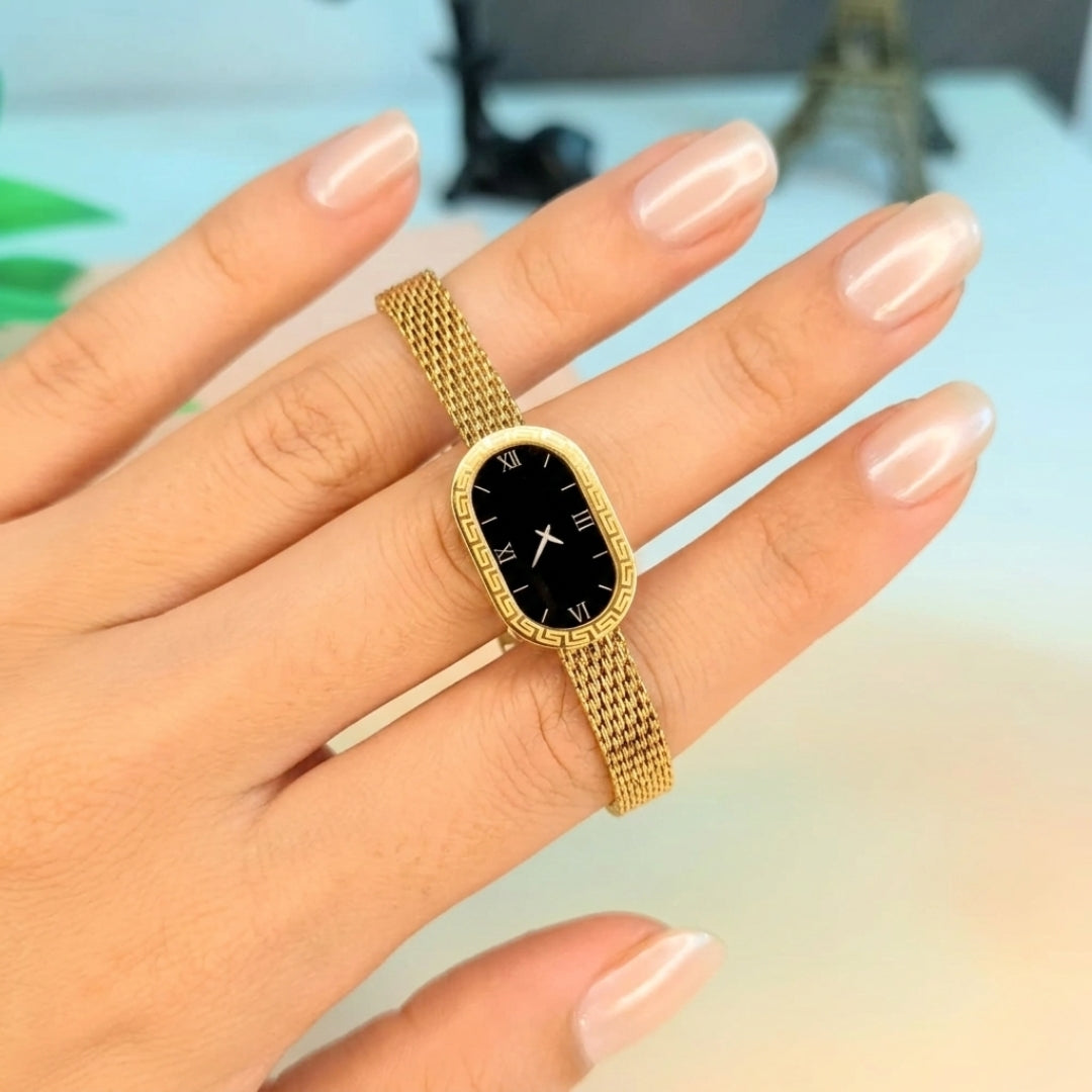 Pyari Jewellery Gold Chain Bracelet with Black Oval Dial