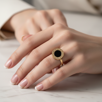 Luxury Black Roman Dial Ring for Women | Gold-Tone Minimal Statement Ring