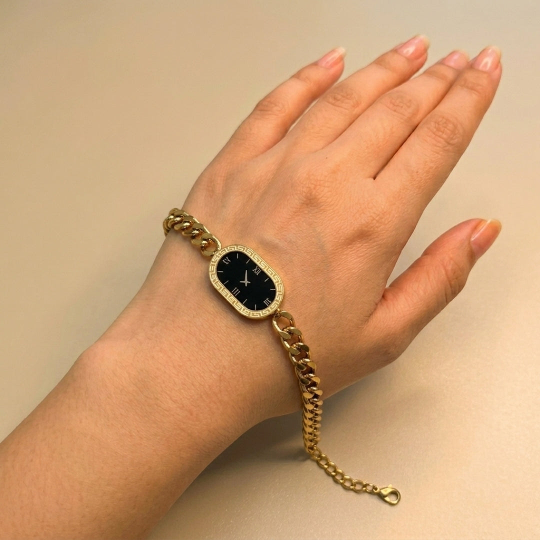 Pyari Jewellery Gold Chain Bracelet with Black Oval Dial