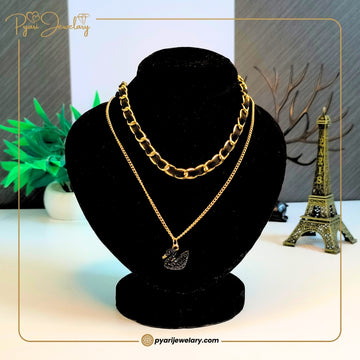 Pyari Jewellery Dual Layer Gold Chain Necklace Set with Black Swan Pendant