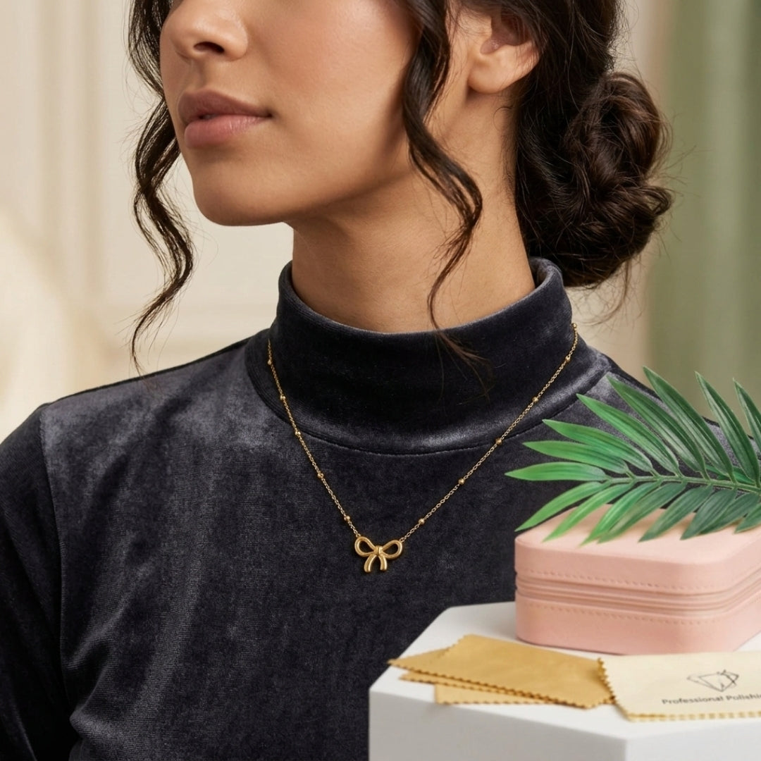 Pyari Jewellery Gold Bow Pendant Necklace – Elegant Artificial Chain for Women