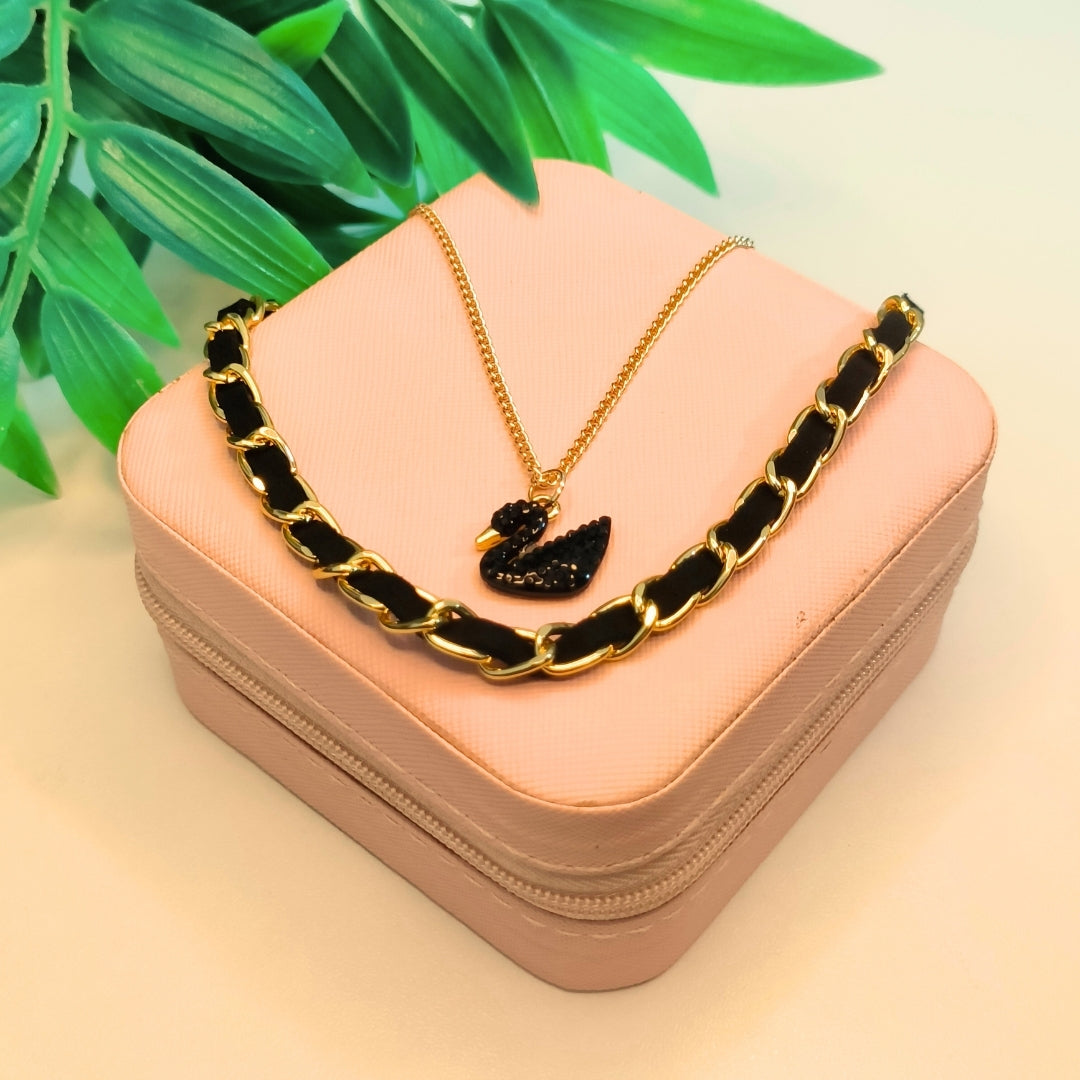 Pyari Jewellery Dual Layer Gold Chain Necklace Set with Black Swan Pendant