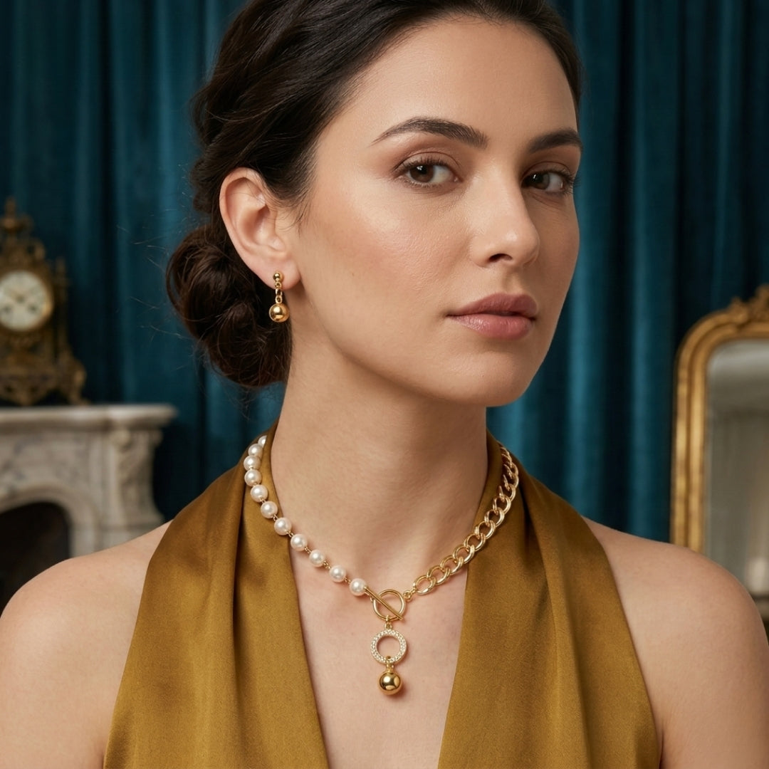 Pyari Jewellery Elegant Pearl & Gold Chain Necklace Set with Round Pendant
