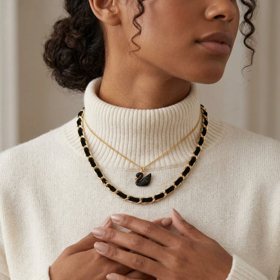 Pyari Jewellery Dual Layer Gold Chain Necklace Set with Black Swan Pendant