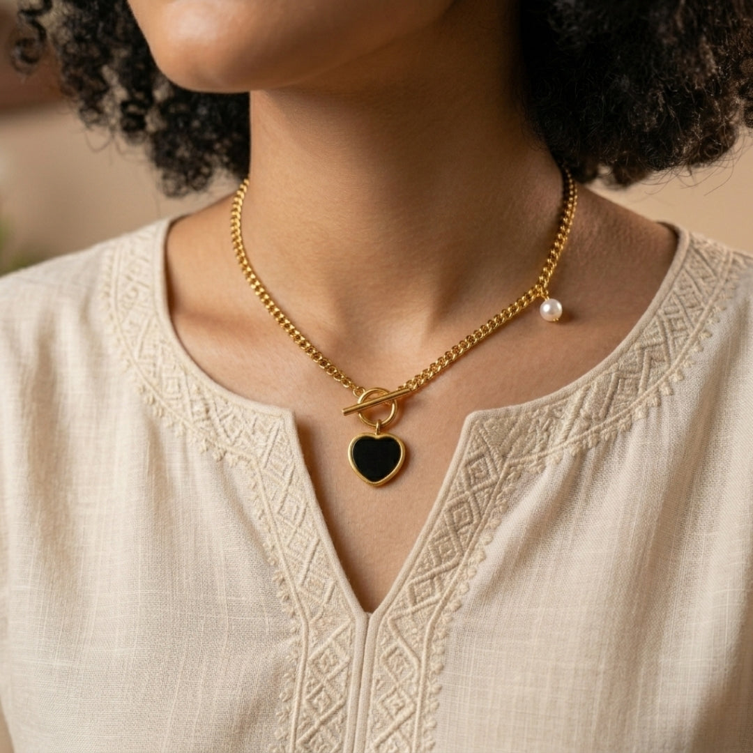 Pyari Jewellery Gold Black Heart Necklace | Elegant Toggle Chain with Pearl Accent