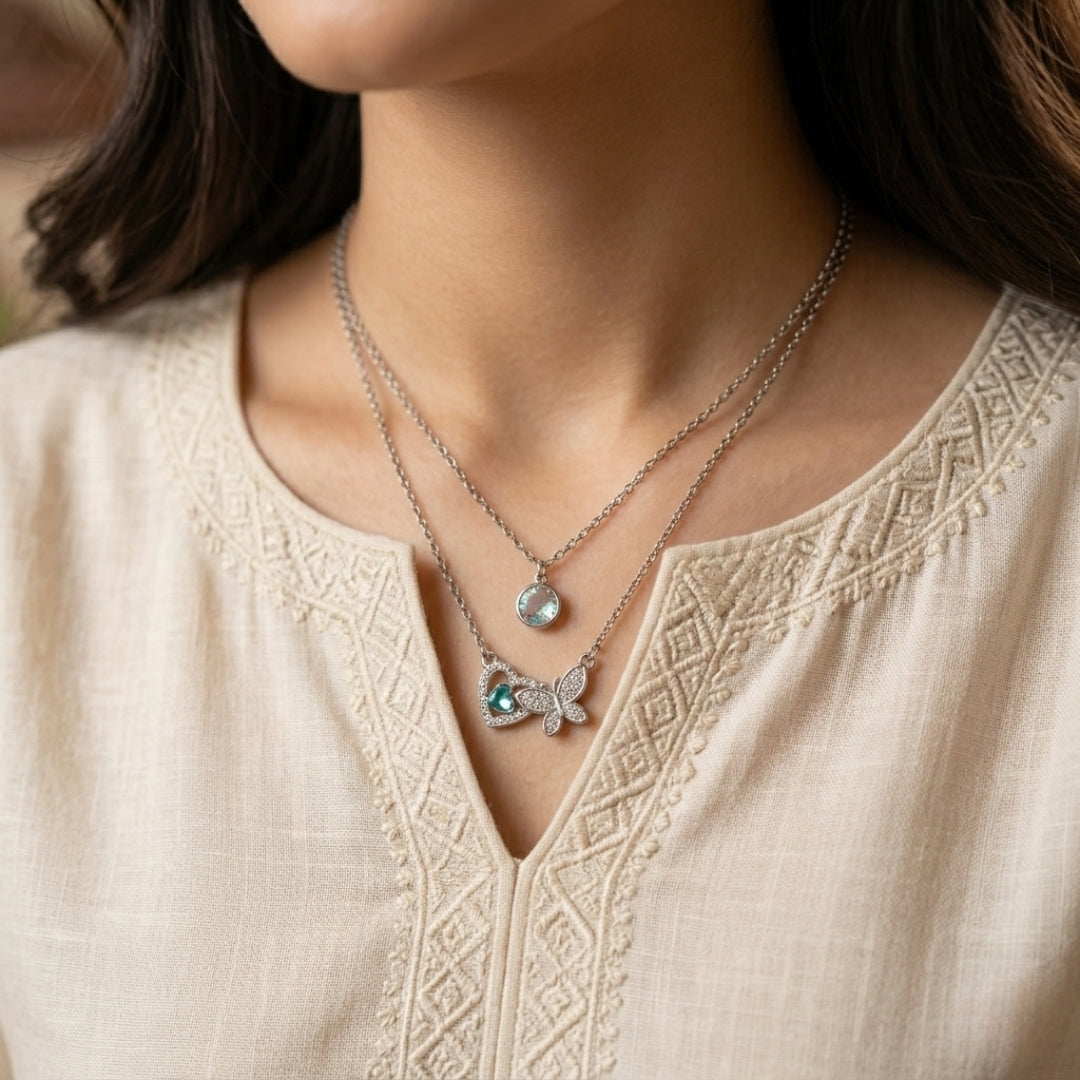 Pyari Jewellery Double-Layer Heart & Flower Pendant Necklace