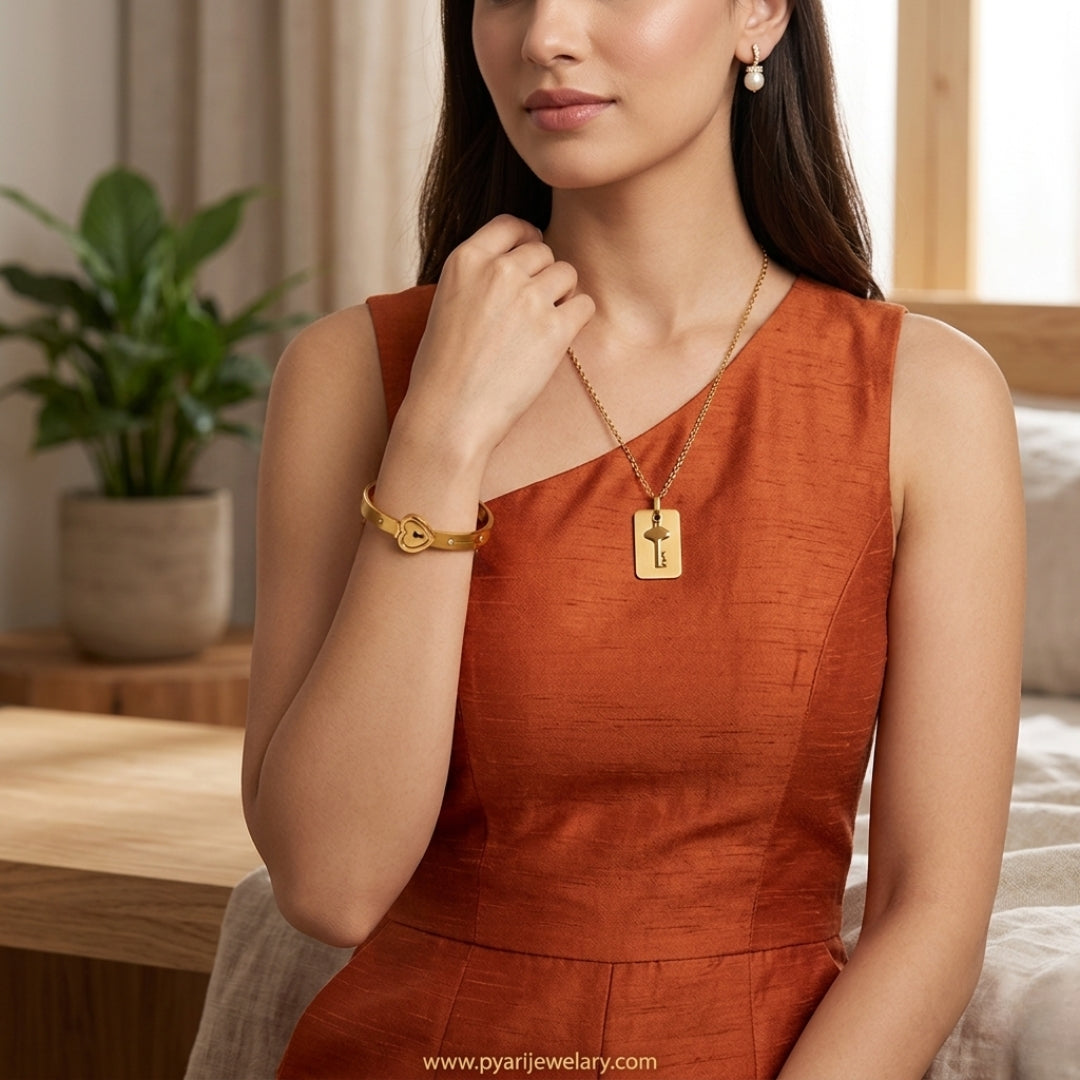 Pyari Jewellery Gold Key Pendant Bracelet & Necklace Set | Elegant Matching Jewelry for Women