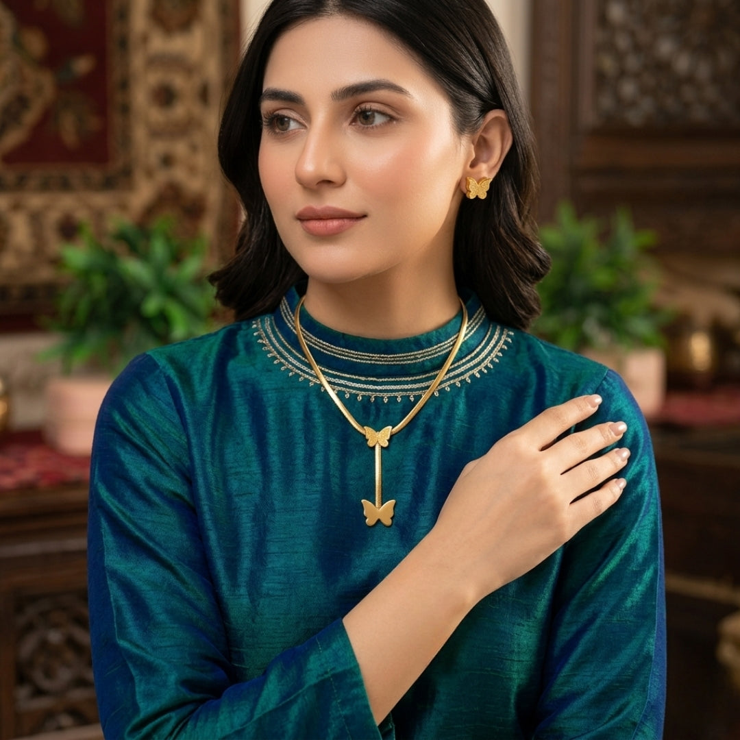 Pyari Jewellery Golden Butterfly Necklace Set | Elegant Gold Plated Pendant & Matching Earrings for Women