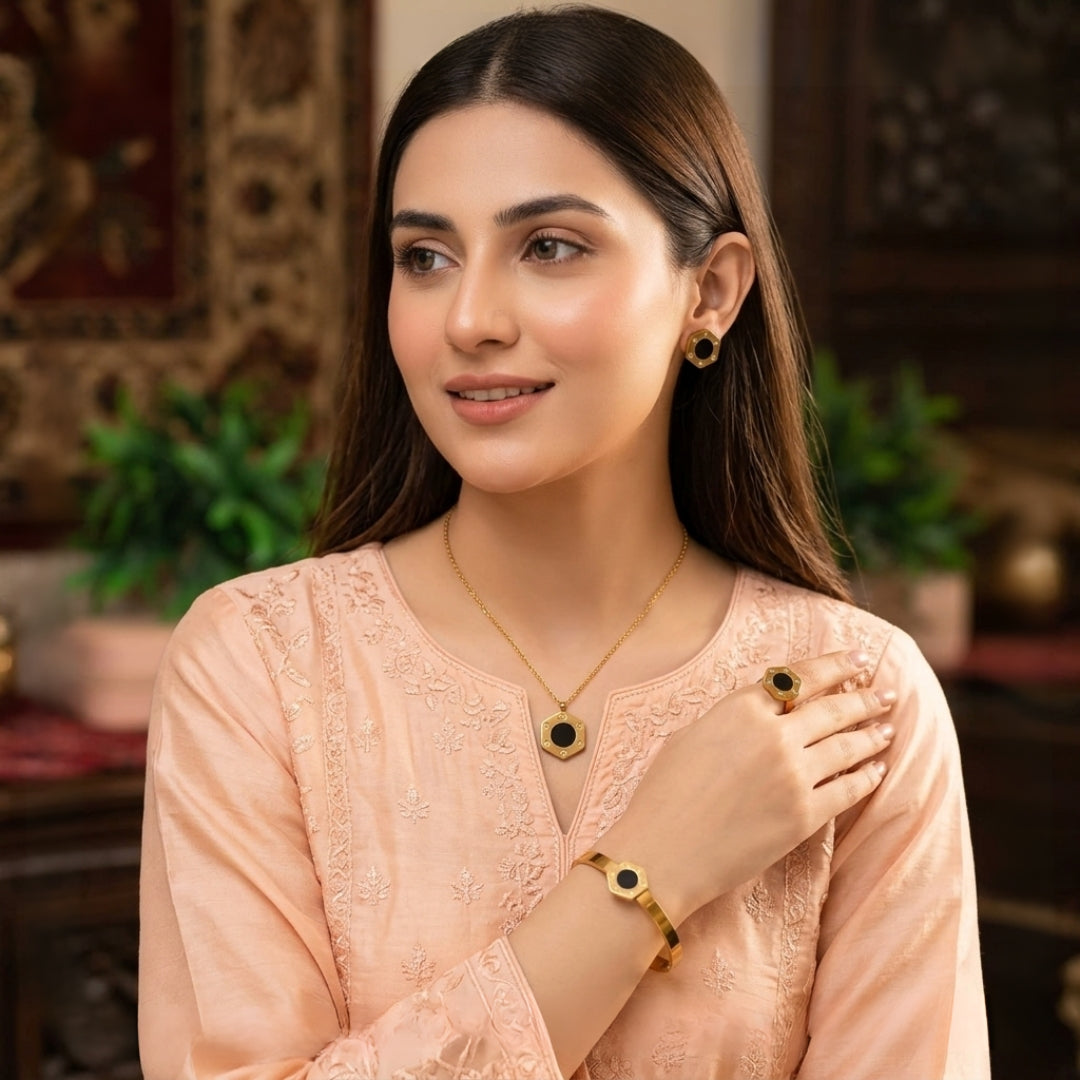 Black Hexagon Gold-Plated Jewelry Set | Artificial Jewelry for Women