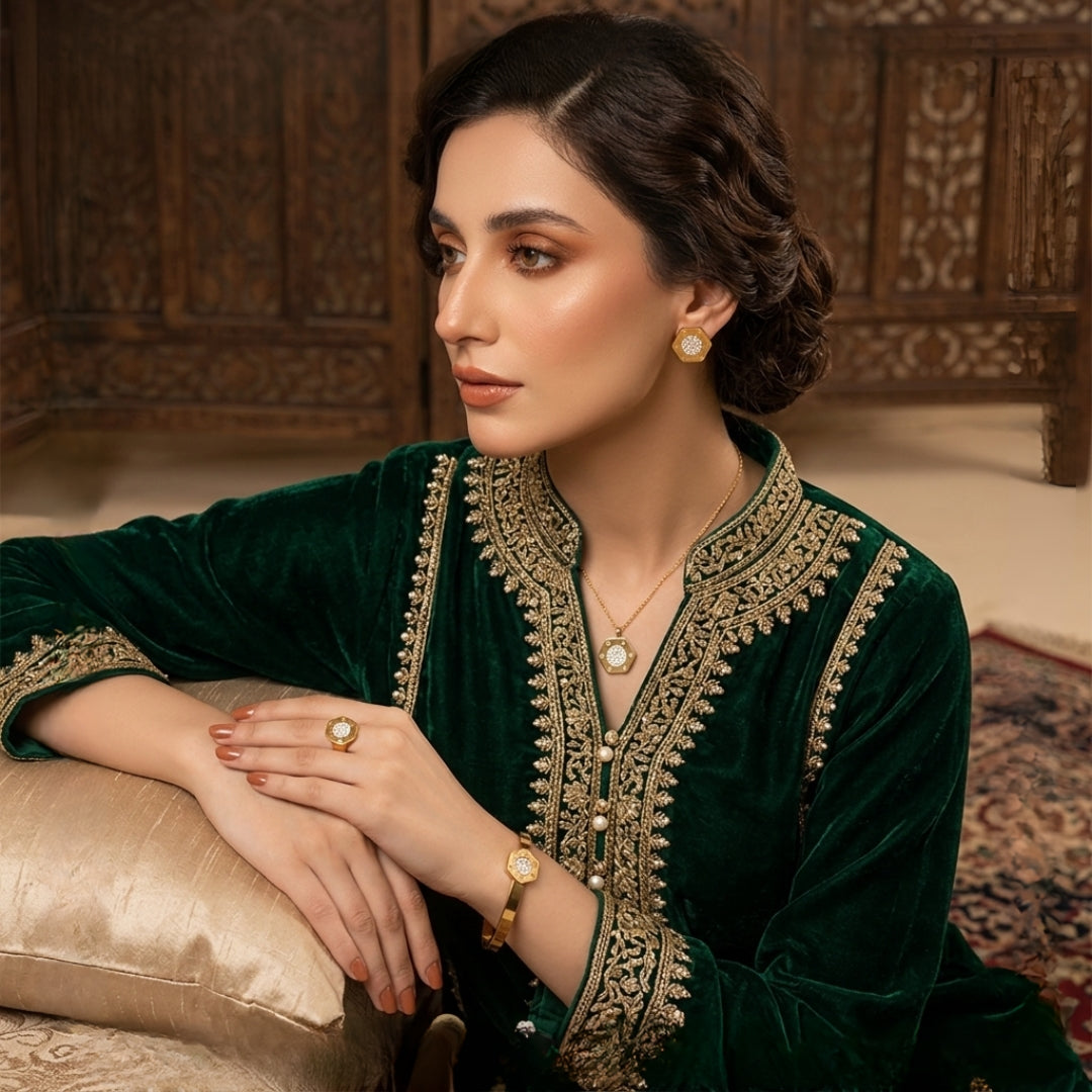 Crystal Hexagon Gold-Plated Jewelry Set | Artificial Jewelry for Women