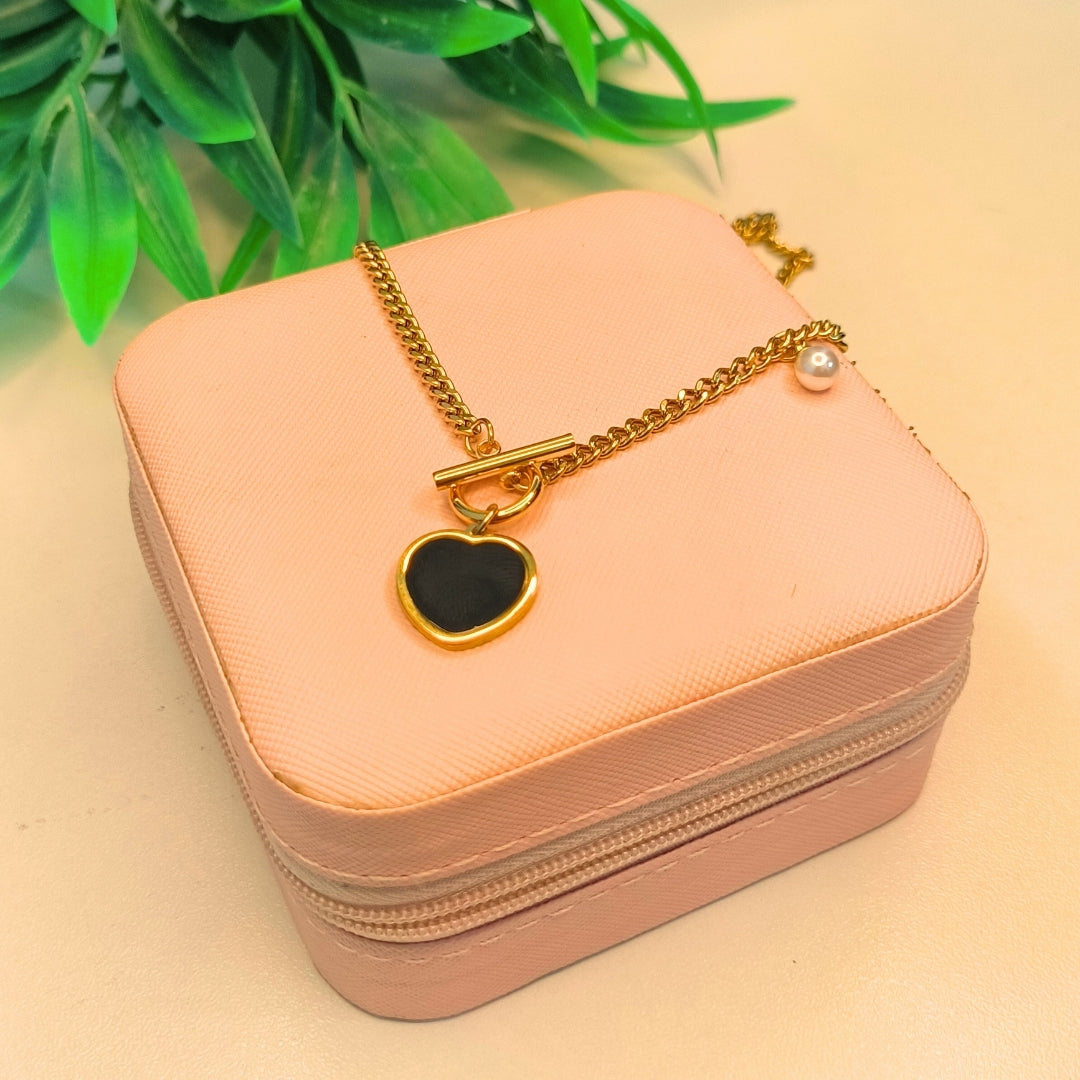 Pyari Jewellery Gold Black Heart Necklace | Elegant Toggle Chain with Pearl Accent
