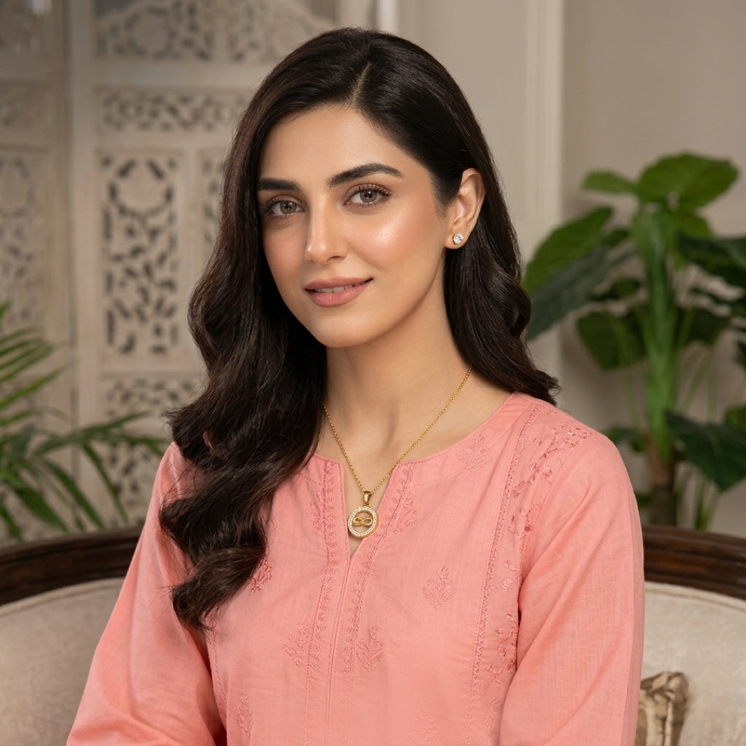 Pyari Jewellery Infinity Gold Pendant Necklace Set | Crystal-Studded Round Charm for Women