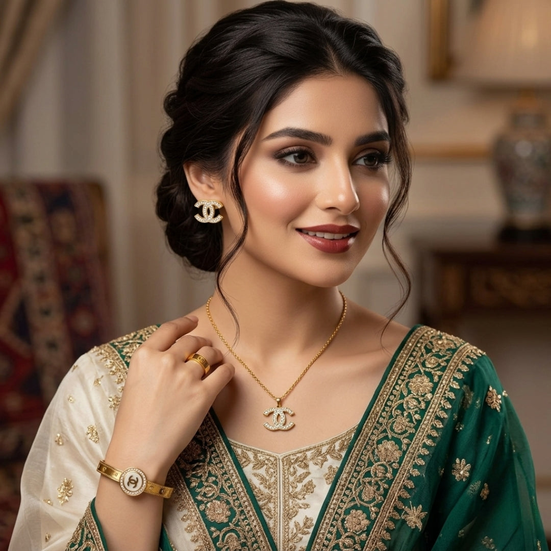 Crystal Double-C Logo Gold-Plated Jewelry Set | Artificial Jewelry for Women