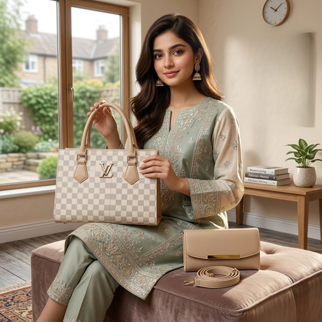 Elegant White Checkered Luxury Tote Handbag Set for Women | Premium PU Leather Shoulder Bag