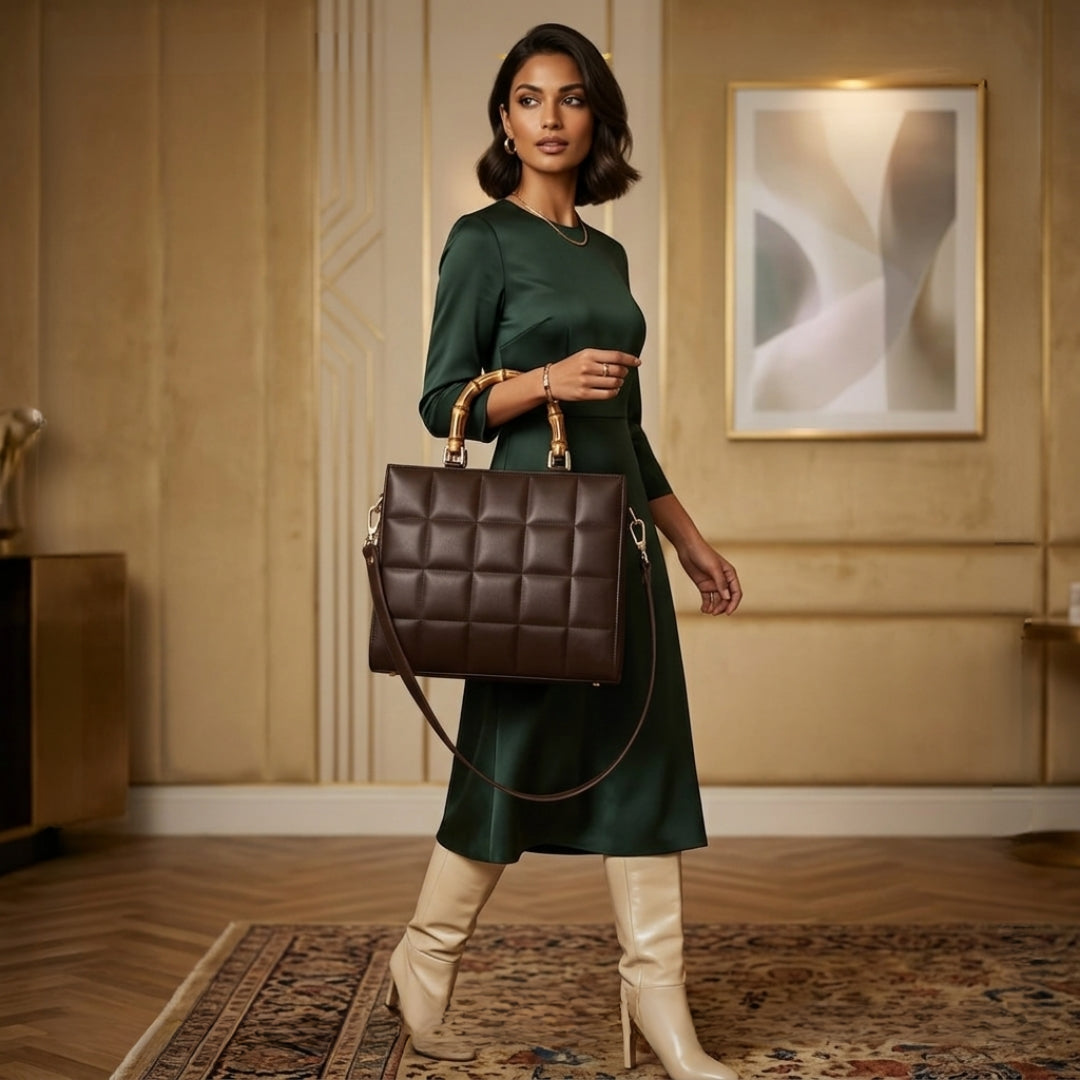 Luxury Chocolate Brown Quilted Handbag for Women | Bamboo Handle Tote