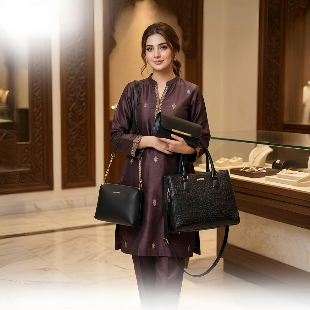 Elegant Textured Handbag Set – 3-Piece Premium Collection for Women